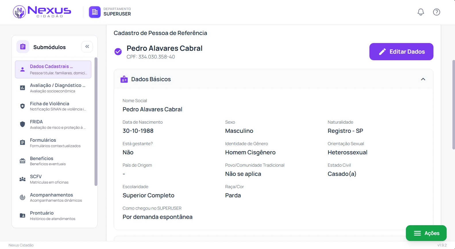 Tela de cadastro de pessoa de referência no Nexus Cidadão
