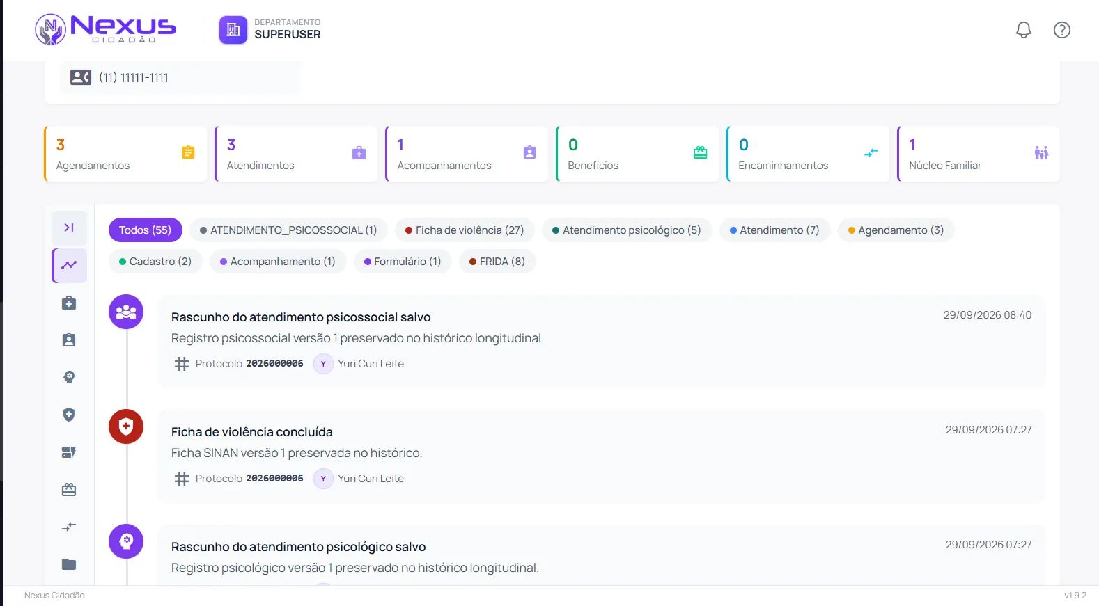 Prontuário Nexus CRAM com histórico longitudinal de atendimentos e instrumentos